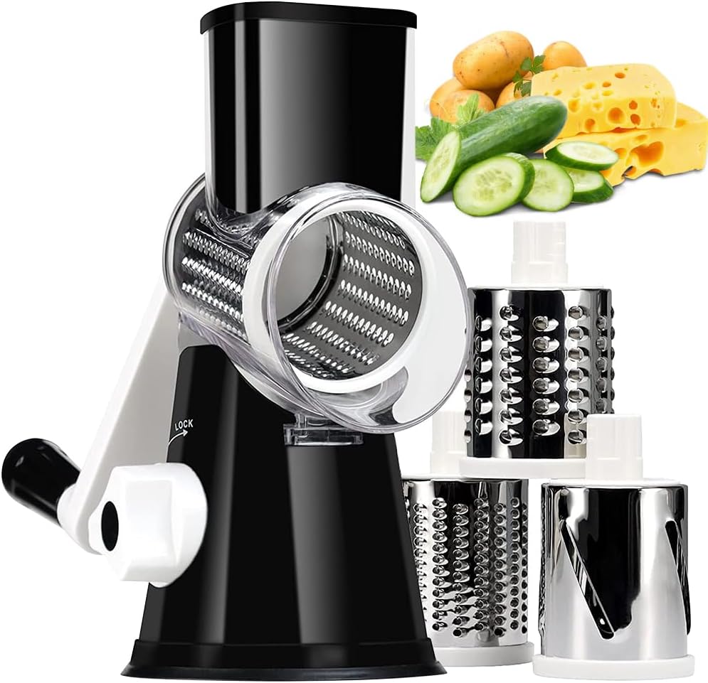 KEOUKE Rotary Cheese Grater Hand Crank Black - Shredder Slicer Grinder 3 Stainless Steel Blades, Stable Suction, Labor-Saving Handle, Safe Kitchen Tool for Cheese, Vegetable, Nuts, Chocolate