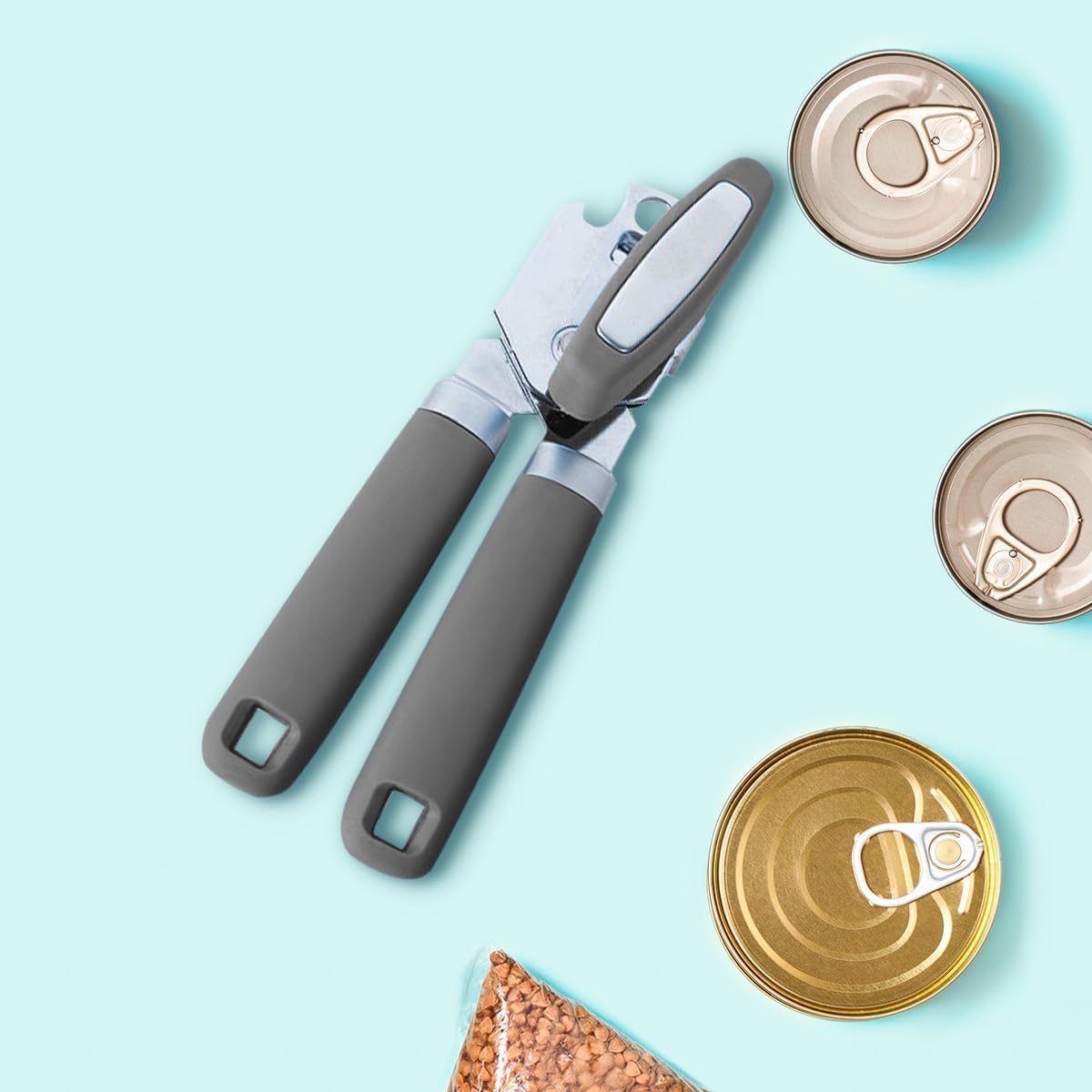 The Original Heavy Duty Stainless Steel Smooth Edge Manual Can Opener and Bottle Openers, Soft Handle, Rust Proof Oversized Handheld Easy Turn Knob,Grey