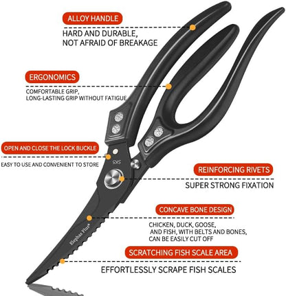 Professional 10-Inch Heavy-Duty Kitchen Shears Ultra-Sharp Stainless Steel Scissors for Cutting Meat, Poultry, Fish, Herbs & Vegetables (Black)