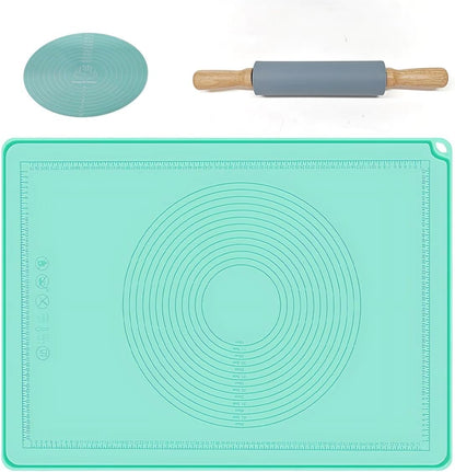 2-Piece Silicone Baking Mat Set with Rolling Pin, Extra Thick Non-Stick Pastry Mats with Measurements, 12-Inch Dough Rolling Mats with Raised Edge for Baking
