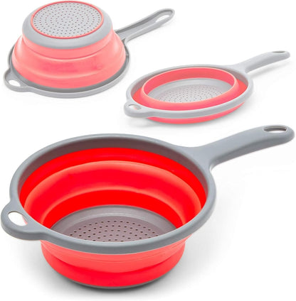 Juvale Collapsible Colander Set of 3, Space-Saving Kitchen Strainer, Use to Drain Vegetables and Fruits, Heat-Resistant Pasta Strainer with Handle, Foldable for Easy Storage, Ideal for Campers, Red