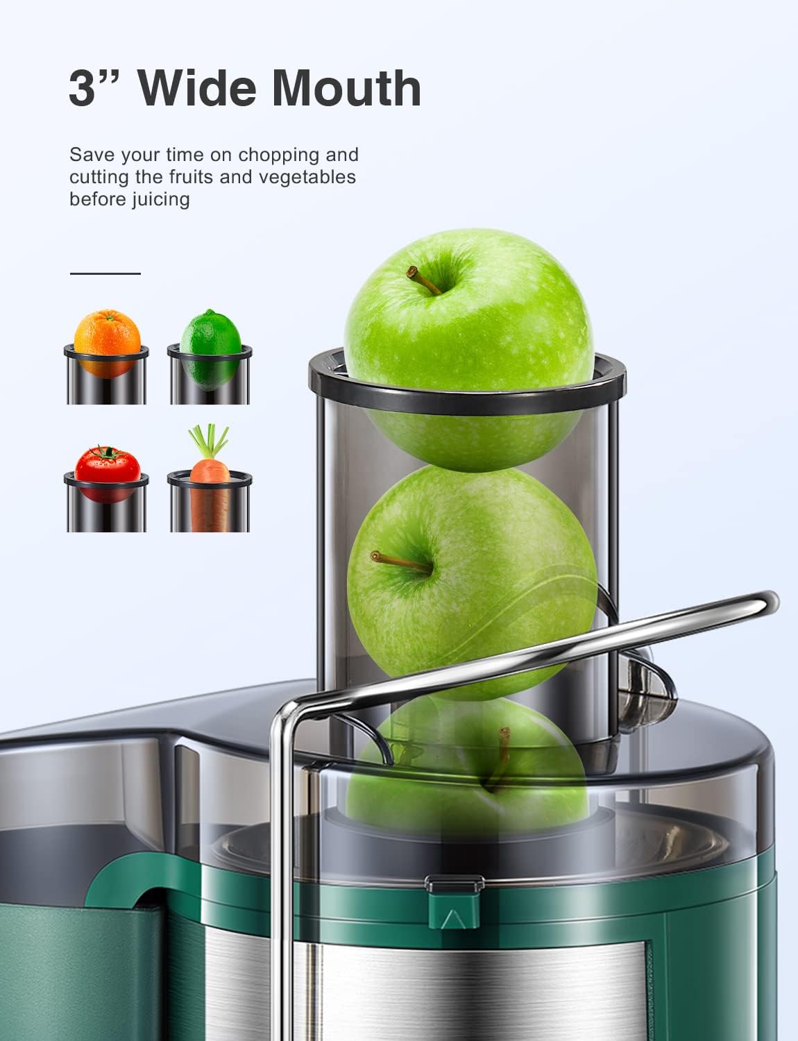 Qcen Juicer Machine, 500W Centrifugal Juicer Extractor with Wide Mouth 3” Feed Chute for Fruit Vegetable, Easy to Clean, Stainless Steel, BPA-free (Black)