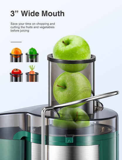 Qcen Juicer Machine, 500W Centrifugal Juicer Extractor with Wide Mouth 3” Feed Chute for Fruit Vegetable, Easy to Clean, Stainless Steel, BPA-free (Black)