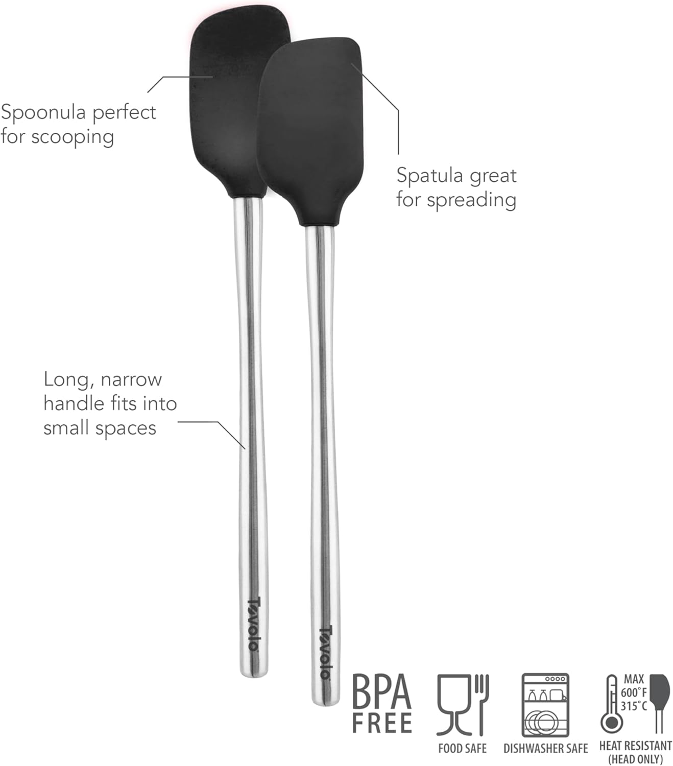 Tovolo Flex Core Silicone Spatula Spoonula Set of 2 for Non Stick Cast Iron Cooking & Baking, Dishwasher Safe Heat Resistant BPA Free Long Stainless Steel Handle Kitchen Utensil, Charcoal Gray