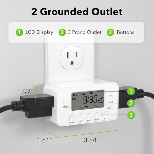 BN-LINK 7-Day Heavy Duty Digital Timer with Dual Outlet, LCD Display, 3-Prong Programmable Design, for Lights, Fans, Coffee Machine, Home, Kitchen, Office, Indoor Use, 125V 15A 1875W, 1 Pack