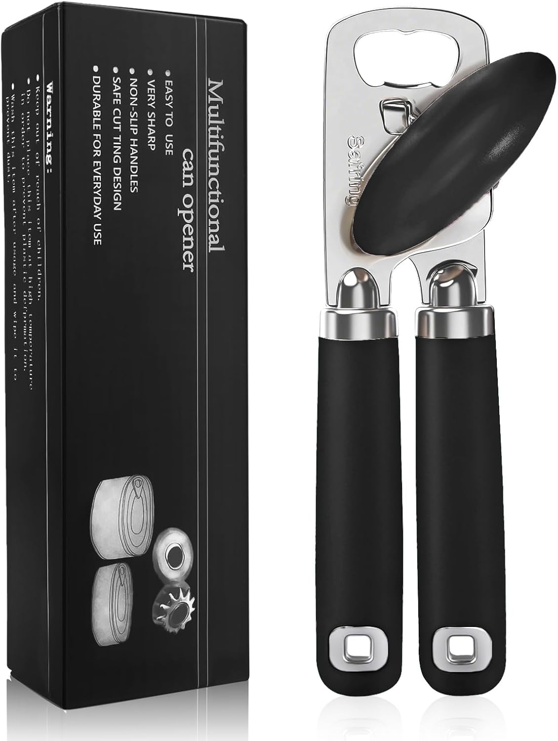 Safring Can Opener Manual, Heavy Duty Stainless Steel Smooth Edge Can Openers With Soft Touch Handle, Oversized Handheld Easy Turn Knob, Multi-Function Bottle Opener, Black