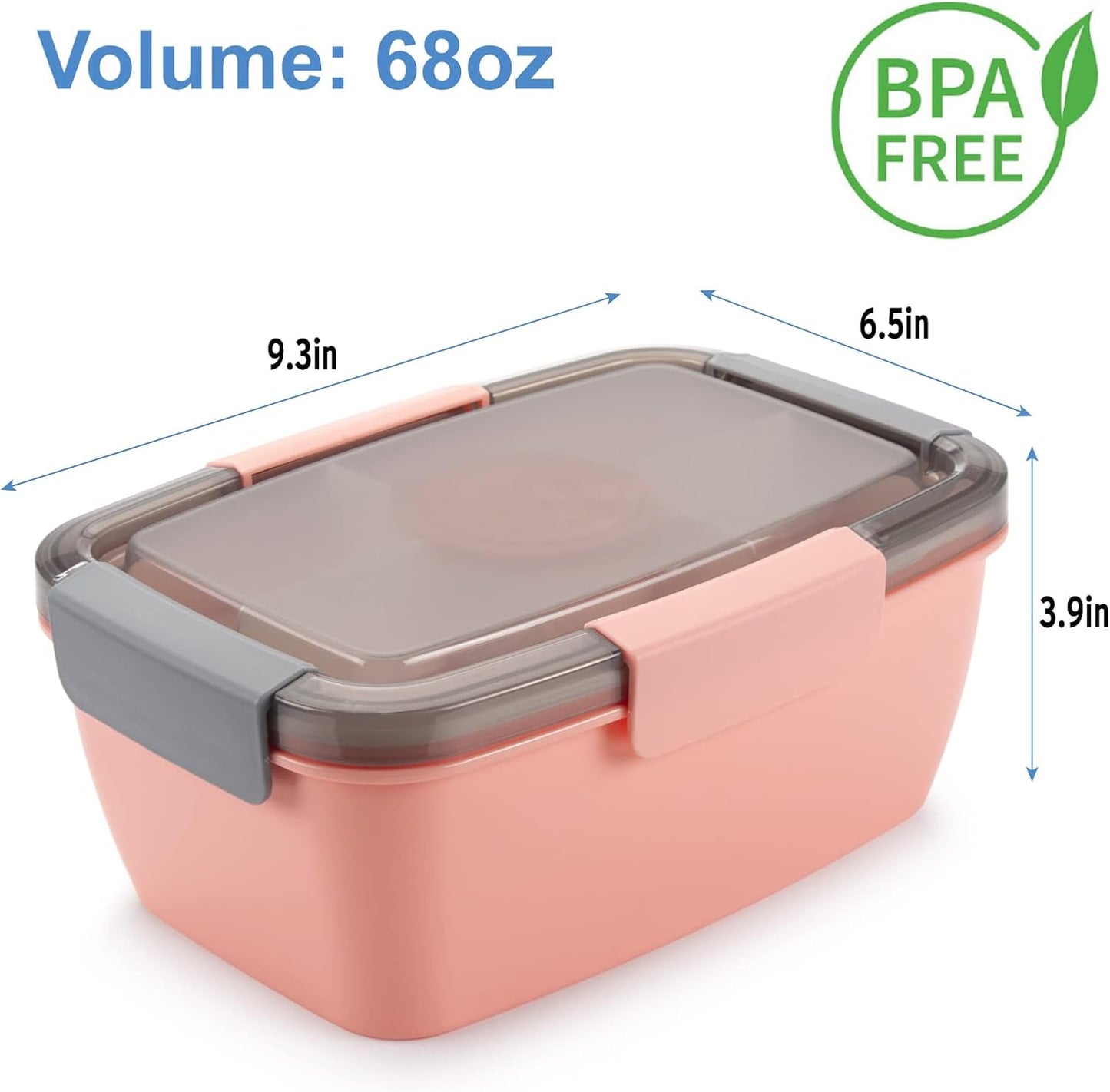 Freshmage Large Salad Container for Lunch, 2 Packs 68oz Salad Bowls with 5 Compartments, Salad Dressings Container for Salad Toppings, Snacks, Men, Women (Pink+Blue)