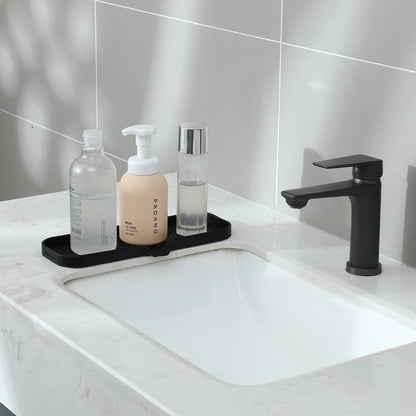 MicoYang Silicone Soap Dish with Drain Spout, Self-Draining Sink Organizer Tray for Bathroom and Kitchen, Sponges, Dispensers and Soap Holder, Non-Slip and Dishwasher Safe, Black (Compact, 4.9"×3.2")