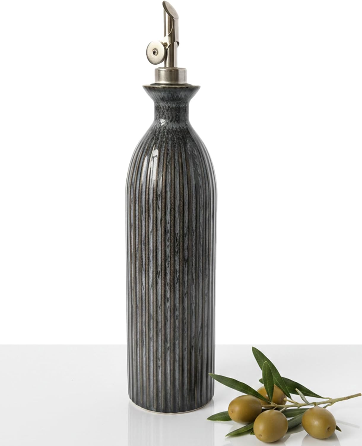 17 oz Ceramic Olive Oil Bottle Dispenser for kitchen with Stainless Automatic Spout, Stoneware 500ml Oil, Vinegar, Soy Sauce, Coffee Syrup, and Liquids container - Deep Gray-Blue