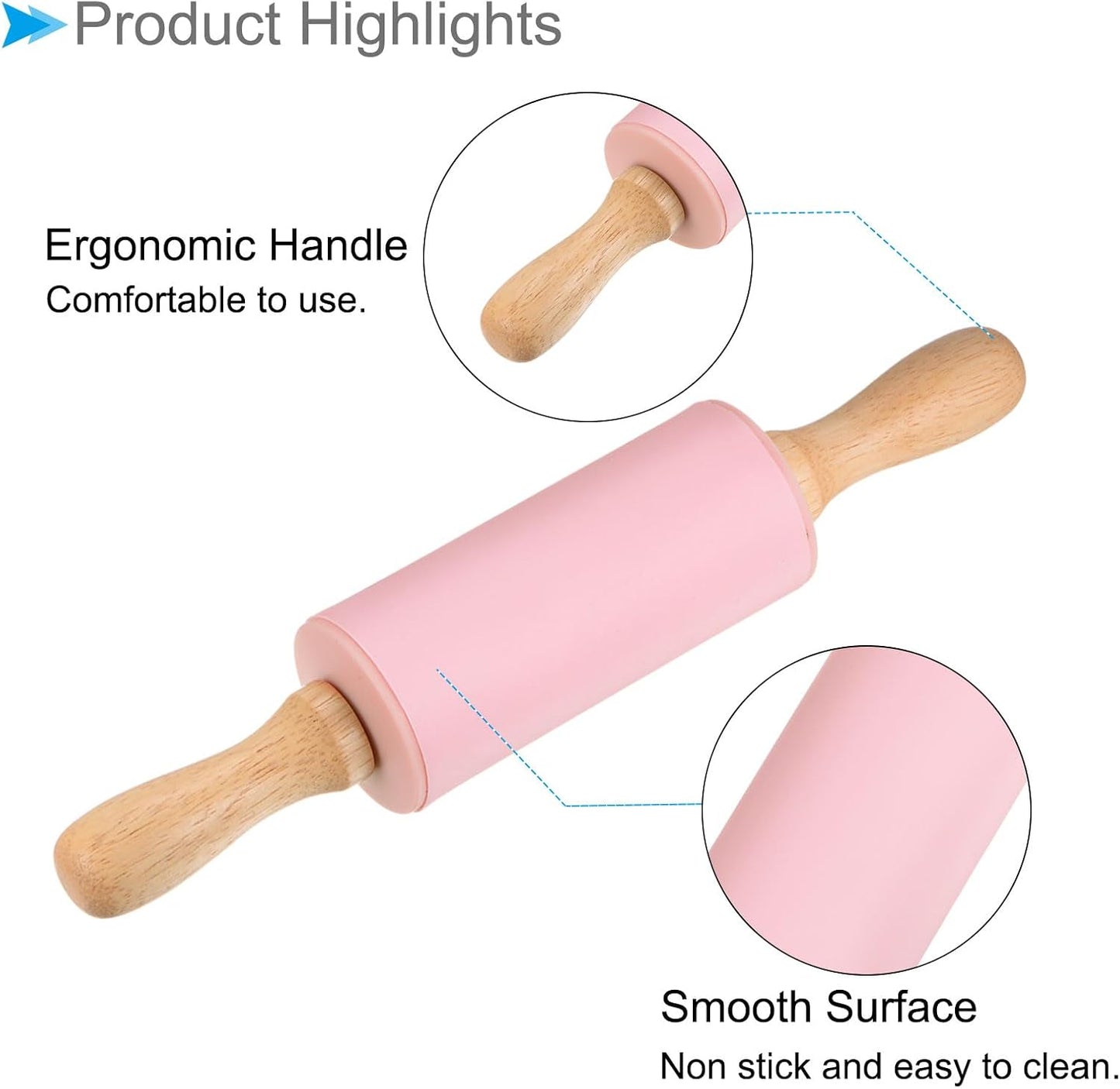 Silicone Rolling Pins, 17" Length, Silicone & Oak Non-Stick Ergonomic Wooden Handle Fondant Dough Roller Pink - (Applications: for Baking DIY Projects)