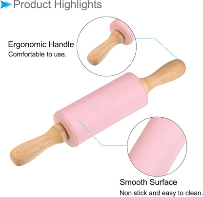 Silicone Rolling Pins, 17" Length, Silicone & Oak Non-Stick Ergonomic Wooden Handle Fondant Dough Roller Pink - (Applications: for Baking DIY Projects)