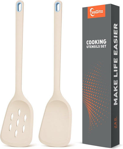 Silicone Cooking Spatula&Slotted Spatulas, Pack of 2,Solid Turner Kitchen Utensils Set for Cooking,Frying, Baking, Flipping, Turning,Heat Resistant 450℉ (Green)