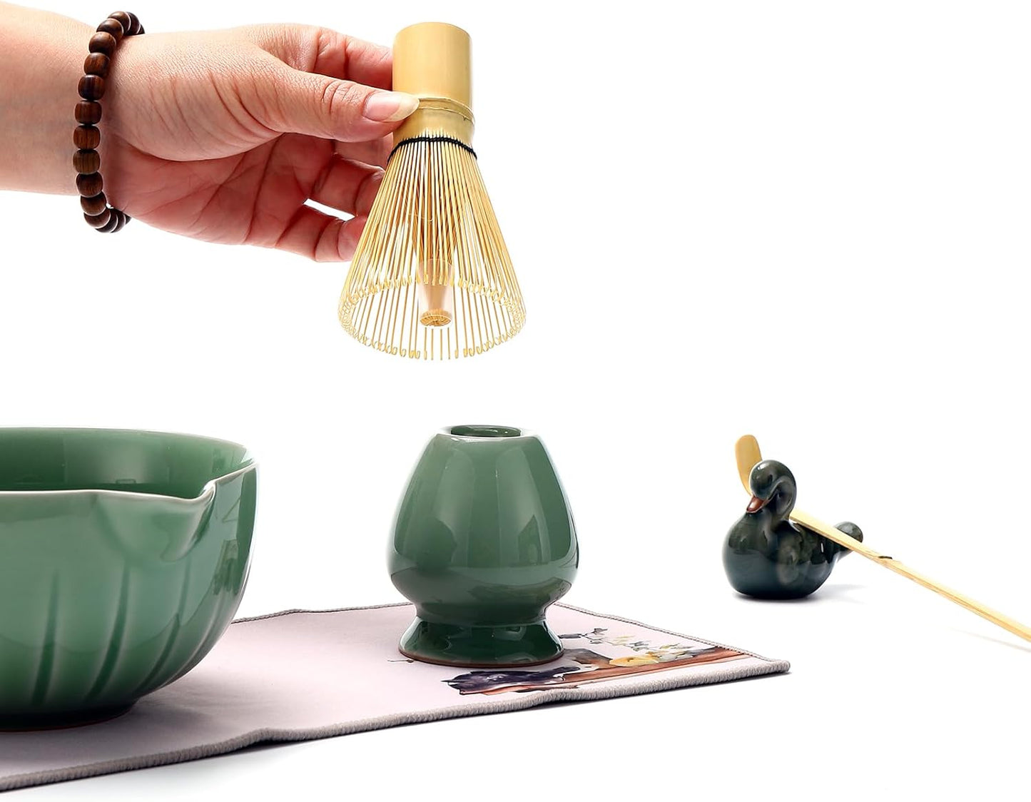 Matcha Ceremony Accessory,temmoku glaze Matcha Whisk, Traditional Scoop (Chashaku), Tea Spoon, Whisk Holder, 1 tea bowl, 1 tea siev, The Perfect Set to Prepare a Traditional Cup of Matcha. (Green)