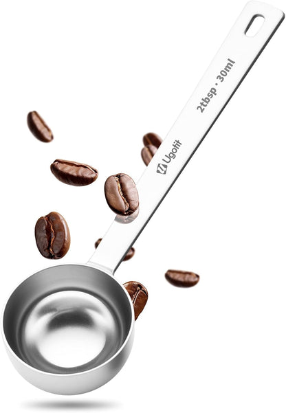 Ugotit Coffee Scoop for Ground Coffee, Long Handle Measuring Spoon for Protein Powder, Baking, 2 Tablespoon 18/8 Stainless Steel Coffee Scoop,Hanging Hole