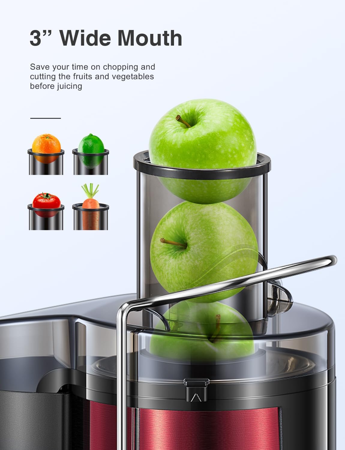 Qcen Juicer Machine, 500W Centrifugal Juicer Extractor with Wide Mouth 3” Feed Chute for Fruit Vegetable, Easy to Clean, Stainless Steel, BPA-free (Black)