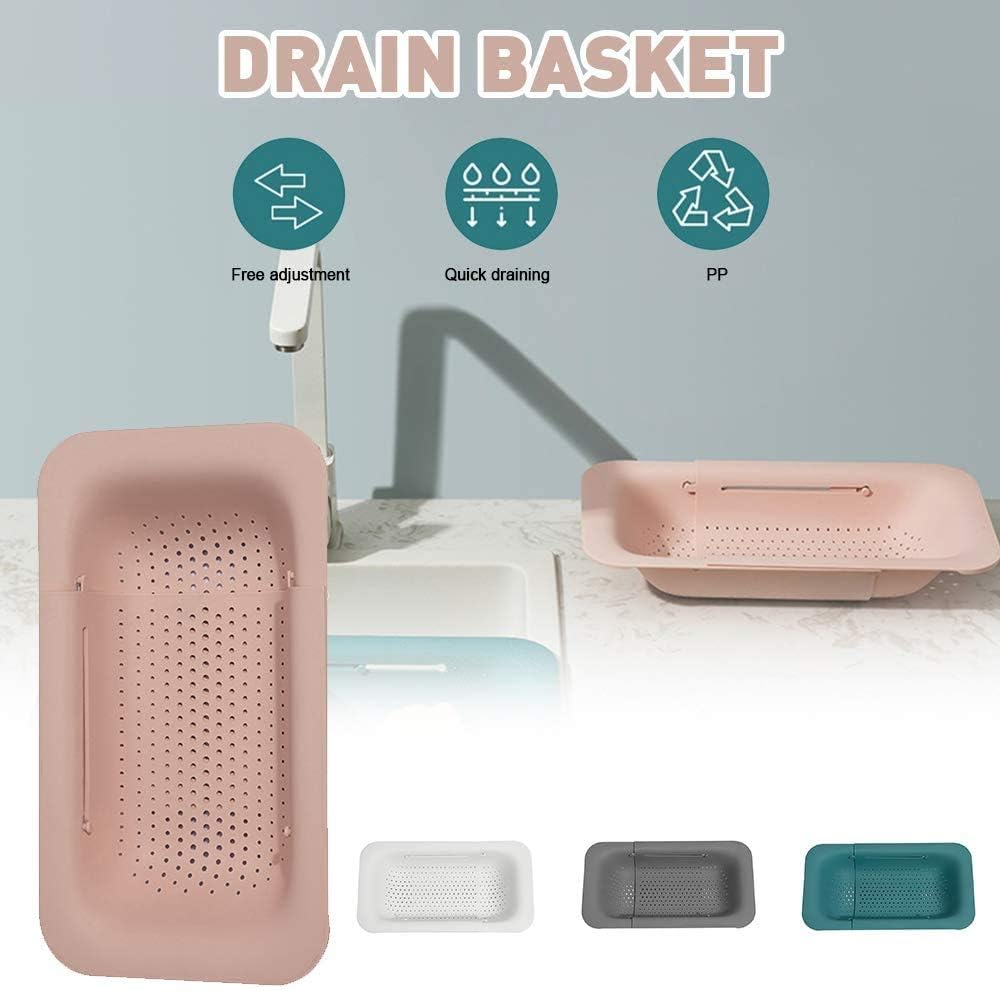 Extendable Strainer Basket Over the Sink Colander Vegetables Noodle Pasta Food Drain Basket Space Saver Portable Drainer (Grey)
