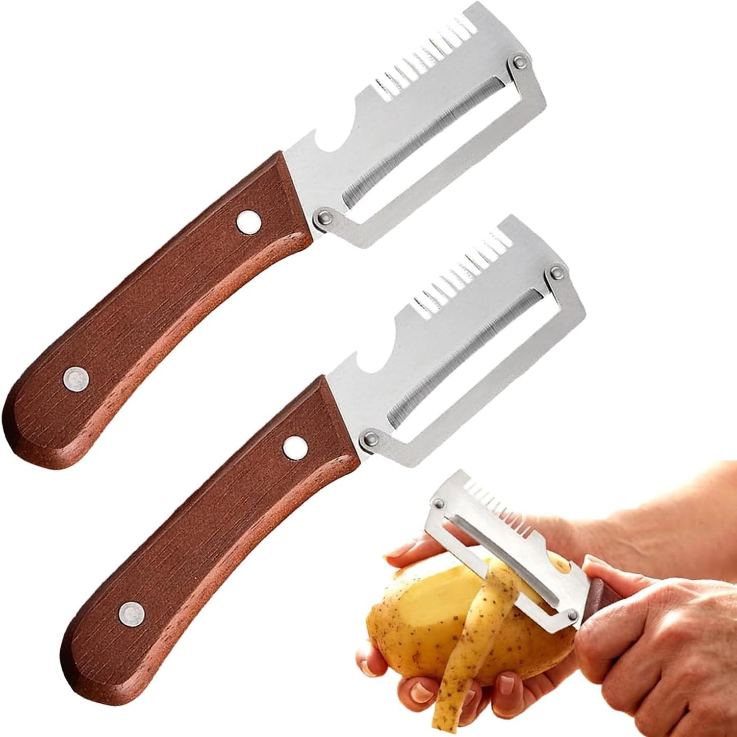 2-in-1 Multifunctional Vegetable Peeler with Wooden Handle & Stainless Steel Blade, Multifunctional Vegetable Peeler, Built-in Bottle Opener, Fruit & Vegetable Kitchen Peeling Tool (2Pcs)