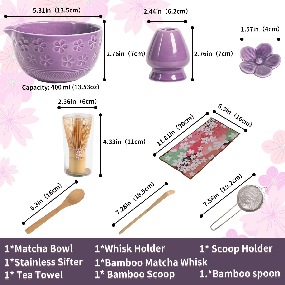 8-Piece Matcha Ceremony Set - Tea Kit with Cherry Blossom Bowl, Bamboo Whisk, Wood Scoops, Tea Cloth & Floral Display - Gift-Ready Pink Cherry color box (blue)