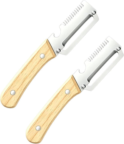 2 Pack Vegetable Peeler, Multi Functional Premium 2-in-1 Potato Peelers, with Wooden Handle & Bottle Opener, Stainless Steel Kitchen Tool for Fruit Potato Pumpkin Papaya, Pare Necessary Kitchen Tools