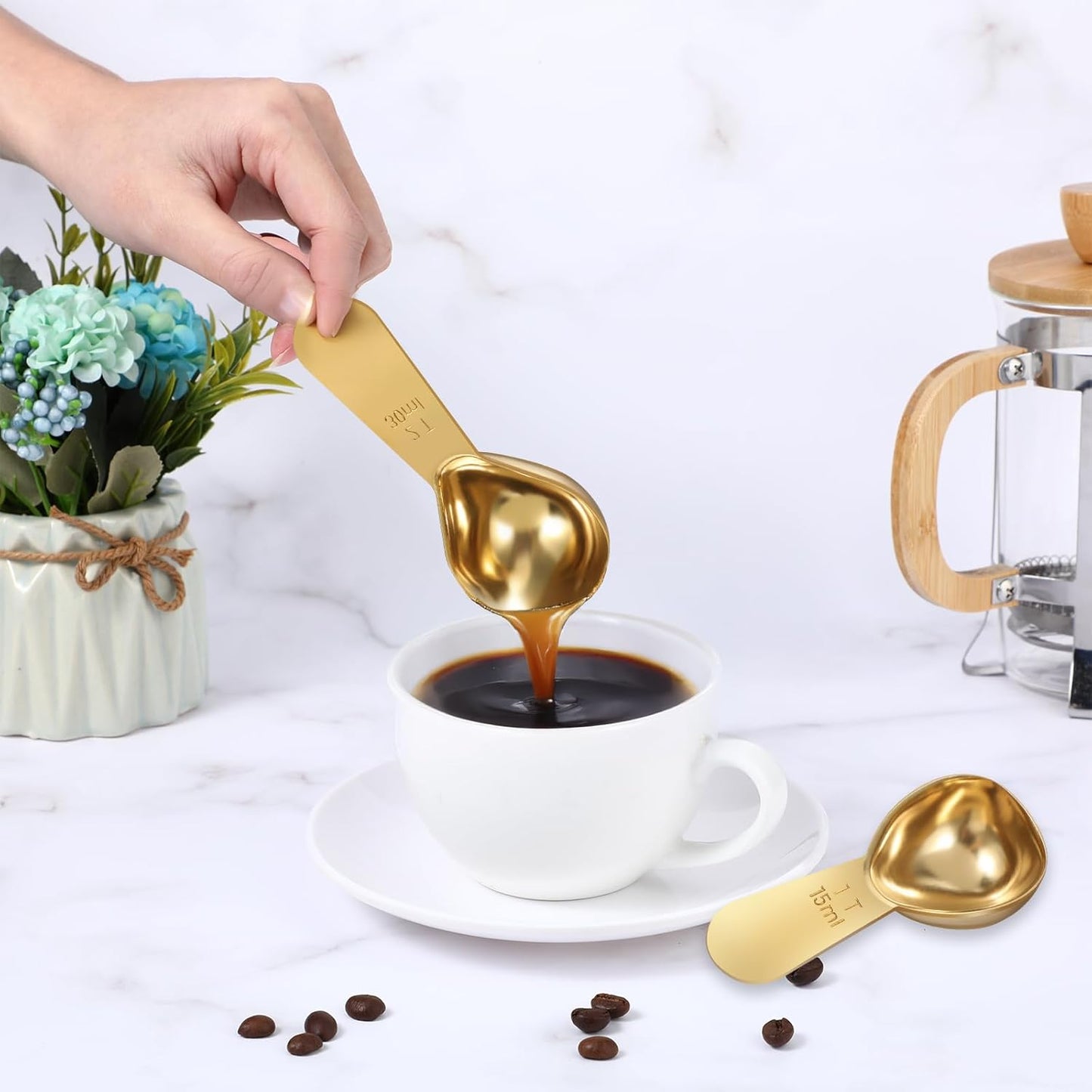 2 PCS Gold Measuring Spoons, 15 Ml and 30 Ml Stainless Steel Coffee Spoons Set Coffee Scoop for Ground Coffees, Long Handle Tablespoon Measuring Spoon for Milk Sugar Protein Brewin Gold Tea Spoon
