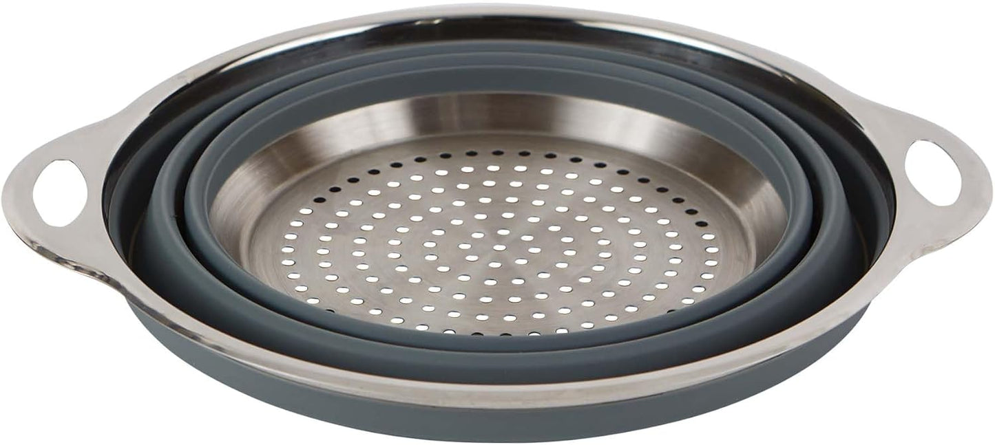 RSVP International Collapsible Silicone & Stainless Steel Colander, Multipurpose Kitchen Steamer Strainer, Heat Safe Up to 445°F (230°C) Collapses Flat for Compact Storage, 9.5-Inches Diameter