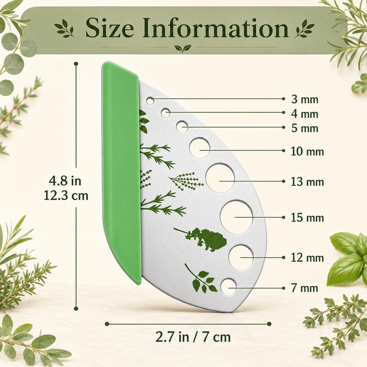 Stainless Steel Herb Stripper, 9-Hole Leaf Remover Tool for Kale, Thyme & Rosemary, Graduated Herb Stripping Tool with Protective Cover for Kitchen, Durable Metal Gadget for Greens