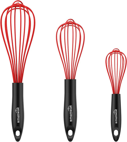 NileHome Silicone Whisk Set 8" 10" 12" Kitchen Whisk Kitchen Wisk Wire Whisks for Cooking, Whisking, Blending, Beating, Stirring-Black 3 Pack