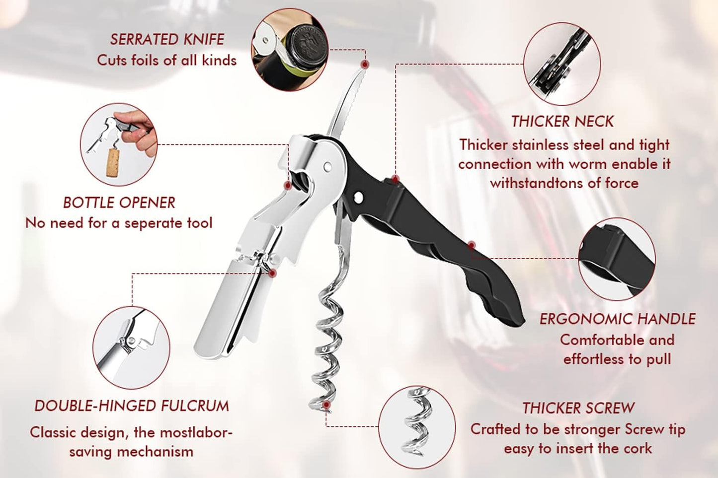 Kit-Home Professional Waiter Corkscrew Wine Openers Set (4 PCS),Upgraded with Heavy Duty Stainless Steel Hinges Wine Key for Restaurant Waiters, Sommelier, Bartenders