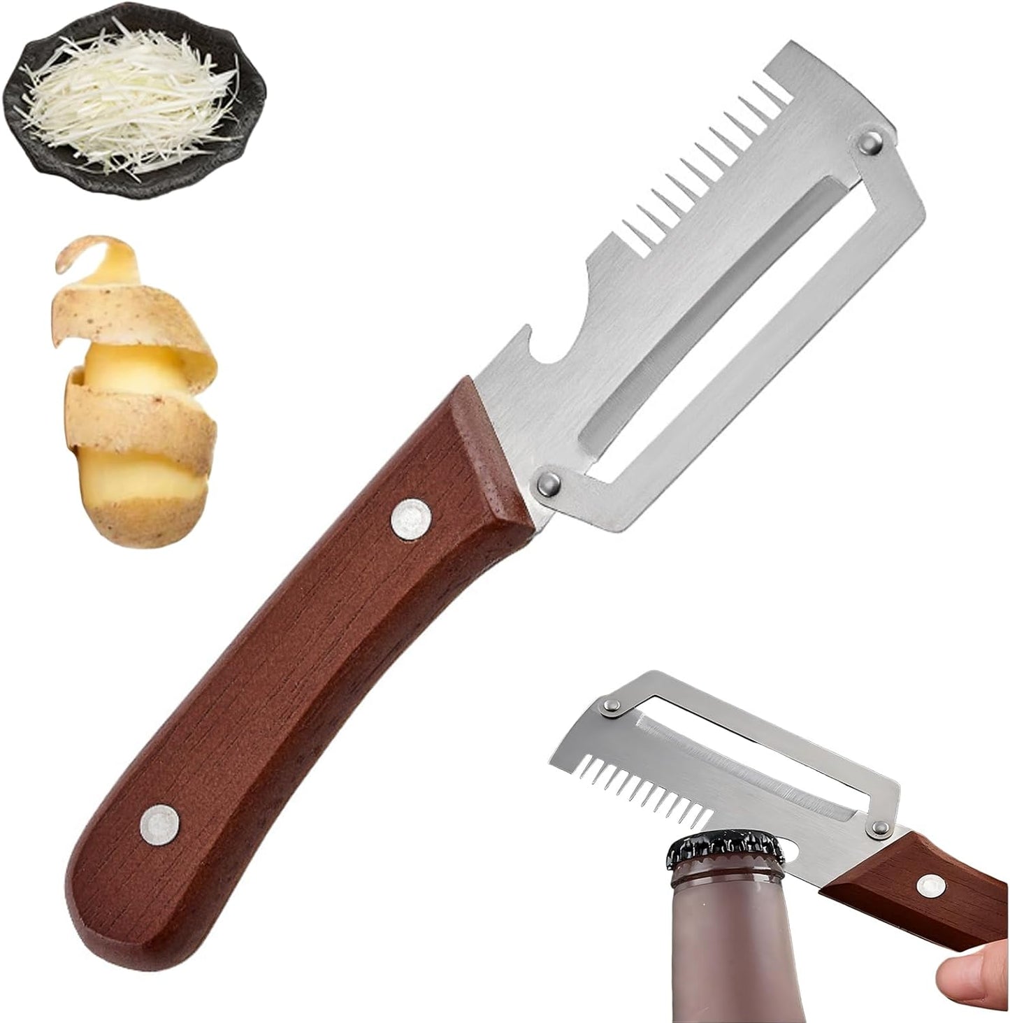 Vegetable Peeler with Wooden Handle and Bottle Opener,Stainless Steel Julienne Peeler,Multi Functional Kitchen Gadgets for Apple Fruit Orange Potato Carrot Pumpkin Papaya (2)