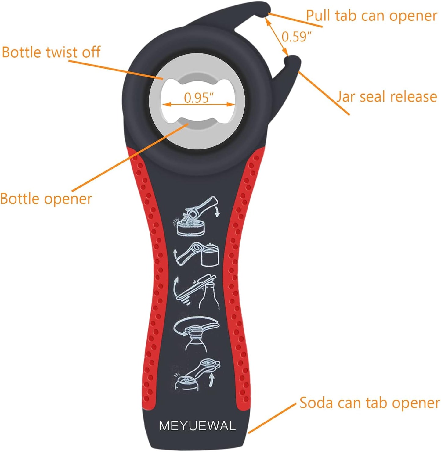 Jar Opener, 5 in 1 Multi Function Can Opener Bottle Opener Kit with Silicone Handle Easy to Use for Children, Elderly and Arthritis Sufferers (Apple Red）