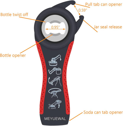 Jar Opener, 5 in 1 Multi Function Can Opener Bottle Opener Kit with Silicone Handle Easy to Use for Children, Elderly and Arthritis Sufferers (Apple Red）