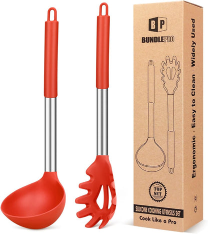 Silicone Pasta Fork and Ladle Spoon Set, Large Non Stick Kitchen Utensils for Cooking,Stirring,Serving Spaghetti, Soup, Sauce (GRAY)