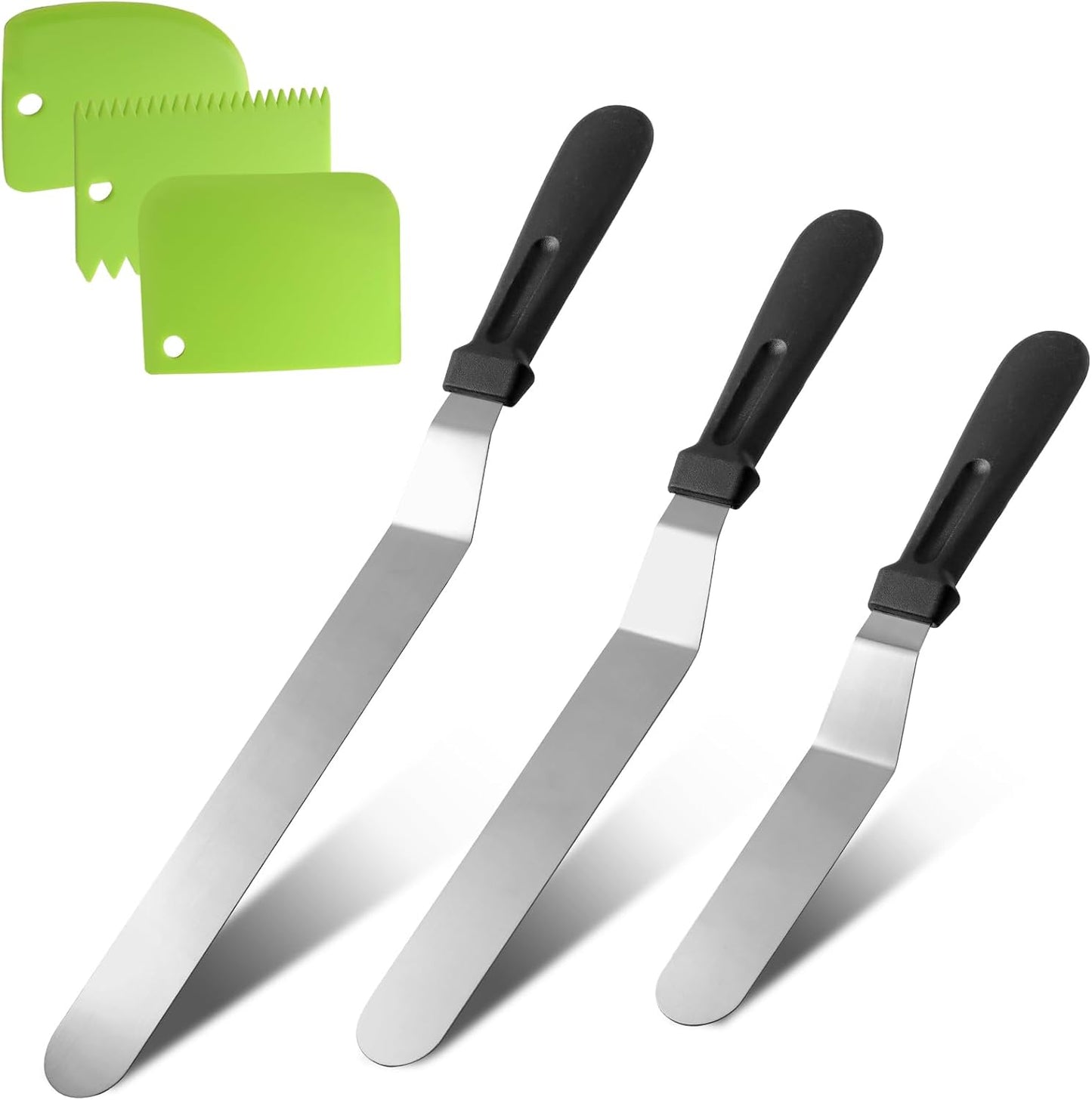 Litoexpe 6 Pack Stainless Steel Icing Spatulas with 3 Blue Cake Smoother Scrapers, Angled Cake Spatulas Cake Smoother Scrapers, Frosting Offset Spatula Set for Cake Decorating Baking (6", 8", 10")