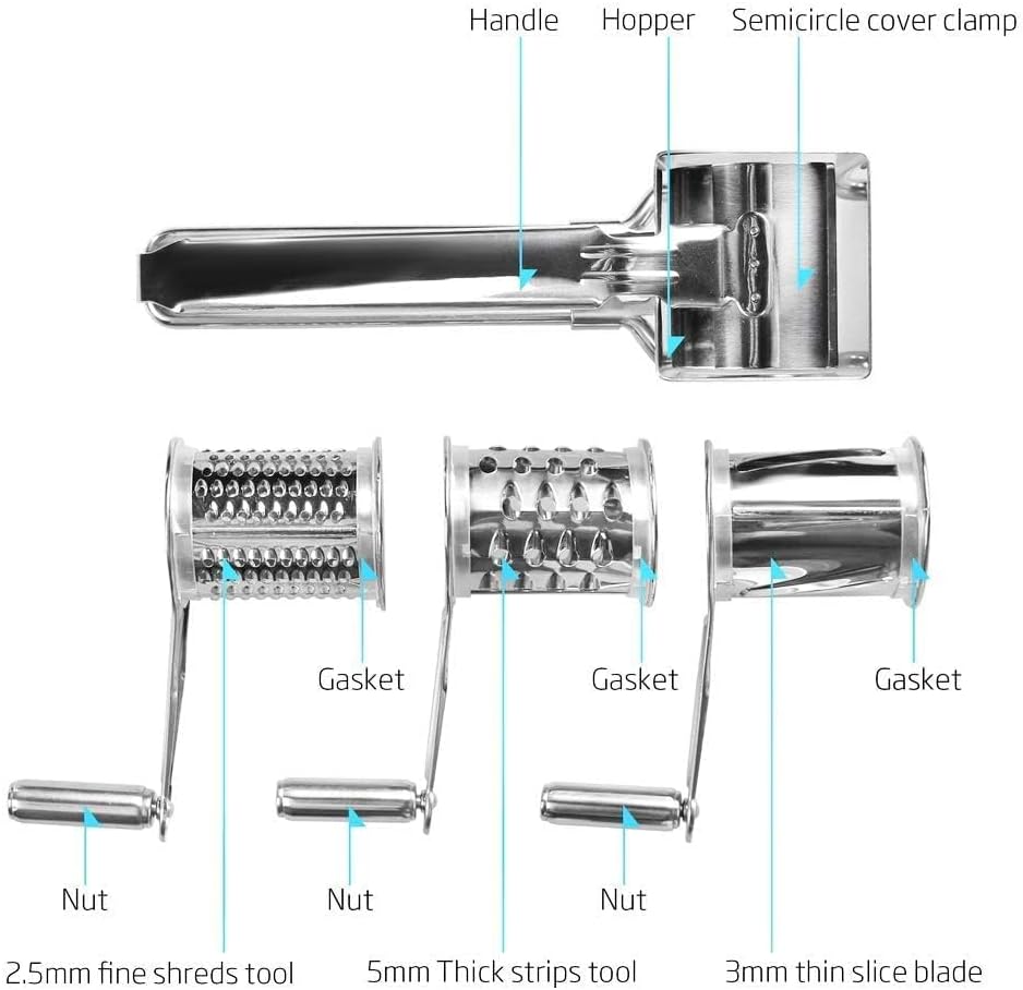 Stainless Steel Single Drum Rotary Cheese Grater, Multipurpose Rotary Cheese Grater with 3 Different Rotatable Drums for Parmesan, Mozzerella, Vegetables and More