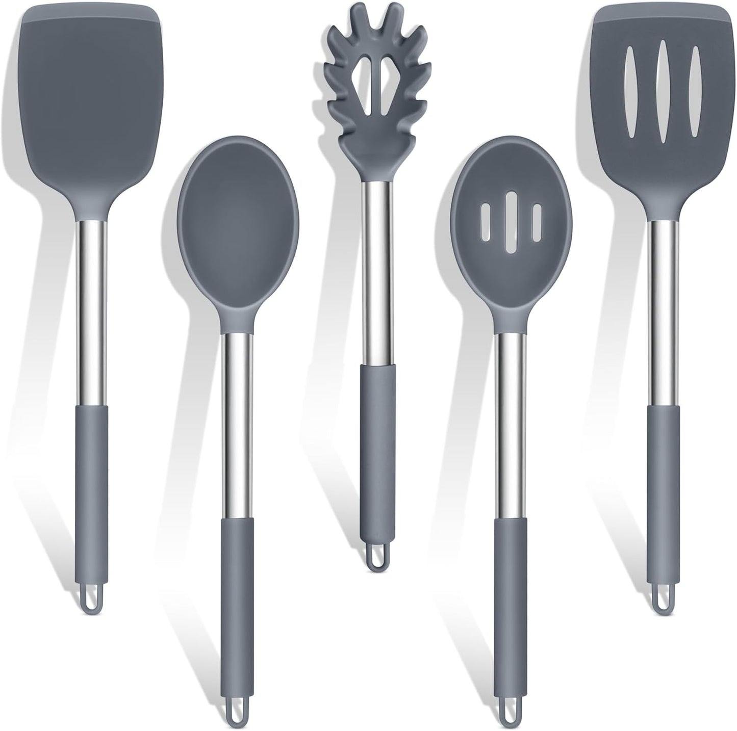 TeamFar Cooking Utensils Set, 5 PCS Silicone Kitchen Utensils with Stainless Steel Handle, for Nonstick Cookware Flipping Frying Turning Draining, Heatproof & Healthy, Nonstick & Easy Clean, Black