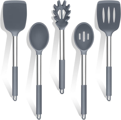TeamFar Cooking Utensils Set, 5 PCS Silicone Kitchen Utensils with Stainless Steel Handle, for Nonstick Cookware Flipping Frying Turning Draining, Heatproof & Healthy, Nonstick & Easy Clean, Black