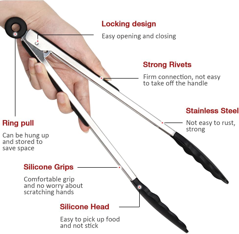 Mini Silicone Serving Tongs Set of 3, Small Kitchen Tongs (7 inch) with Silicone Tips and Stainless Steel Handle, Cooking Tongs for Salads, Pasta, Steaks, Vegetables