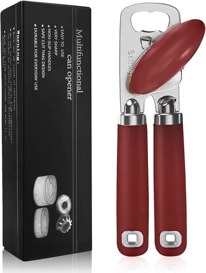 Safring Can Opener Manual, Heavy Duty Stainless Steel Smooth Edge Can Openers With Soft Touch Handle, Oversized Handheld Easy Turn Knob, Multi-Function Bottle Opener, Black