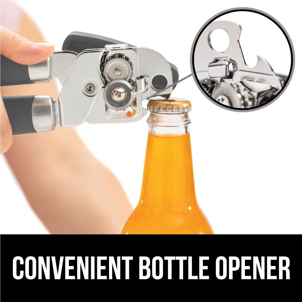Gorilla Grip Manual Handheld Strong Can Opener, Sharp Cutting Wheel for Smooth Edge Cut, Oversized Easy to Use Turn Knob, Comfortable Soft Handle, Includes Built in Bottle Opener, Salt Gray