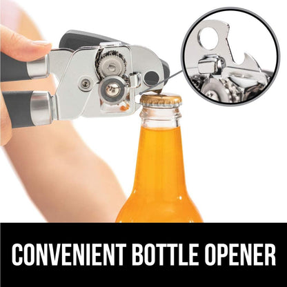 Gorilla Grip Manual Handheld Strong Can Opener, Sharp Cutting Wheel for Smooth Edge Cut, Oversized Easy to Use Turn Knob, Comfortable Soft Handle, Includes Built in Bottle Opener, Salt Gray