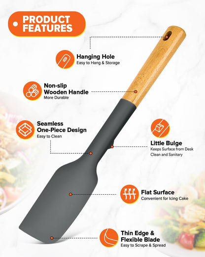 Silicone Spatula and Spoonula Set, Great For Stirring, Tough Mixing and Folding, Sturdy Bpa-Free Matte Silicone, Wooden Handle Rubber Scraper For Nonstick Cookwares (Grey)