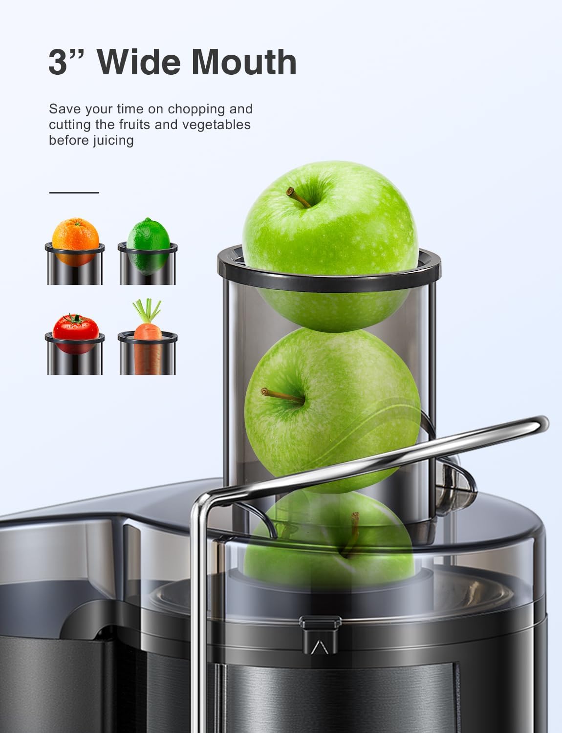 Qcen Juicer Machine, 500W Centrifugal Juicer Extractor with Wide Mouth 3” Feed Chute for Fruit Vegetable, Easy to Clean, Stainless Steel, BPA-free (Black)