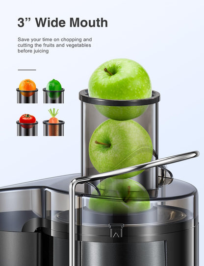 Qcen Juicer Machine, 500W Centrifugal Juicer Extractor with Wide Mouth 3” Feed Chute for Fruit Vegetable, Easy to Clean, Stainless Steel, BPA-free (Black)