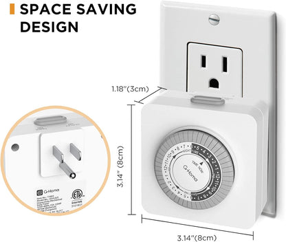 G-Homa 24-Hour Mechanical Timer Outlet with 2 Grounded Outlets - For Lamps, Holiday Lights
