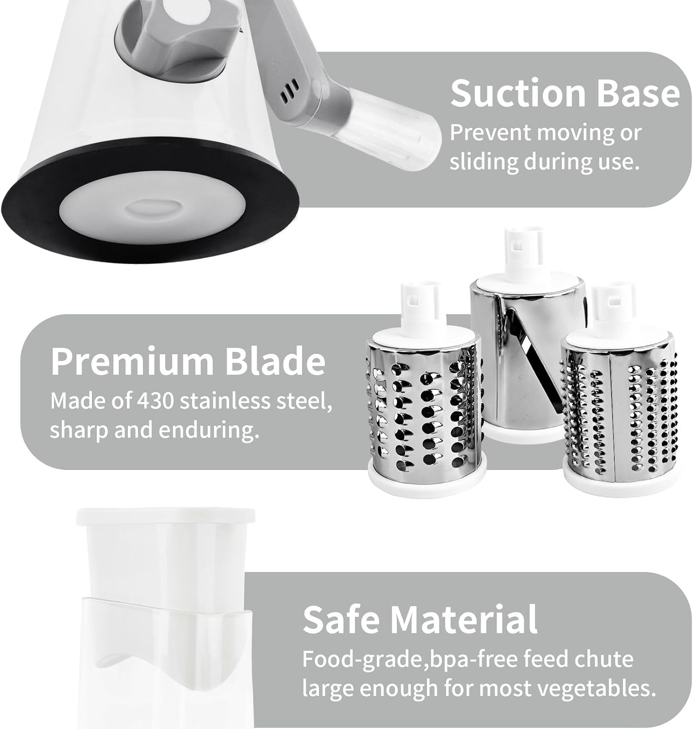 Rotary Cheese Grater, Manual Cheese Shredder with 3 Interchangeable Blades, Cheese Grater Hand Crank with Strong Suction Base, Easy to Use and Clean, White