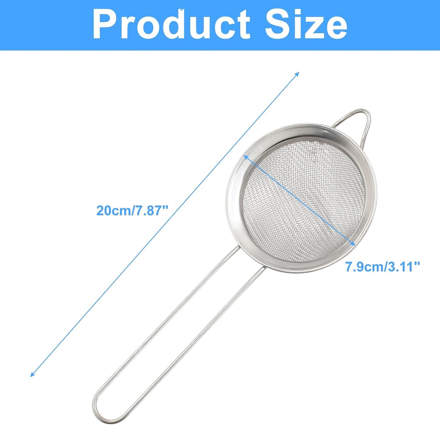Piutouyar 8cm/3.15" Fine Mesh Strainers, Stainless Steel Kitchen Strainers, Heavy Duty Sieve Fine Mesh Colander Sieve Sifters Metal Colander for Sifting Flour, Pastas, Rice, Fruits, Tea
