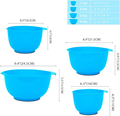 BoxedHome Green Ombre Nesting Plastic Mixing Bowl Set With Pour Spout, Microwave and Dishwasher Safe, BPA free Non-Slip Base, Set of 4 Size 1.7, 2.5, 3.5 and 4.5qt, Great for Prepping, Baking, Cooking
