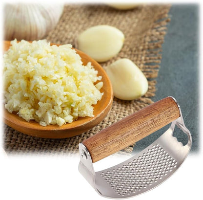 Stainless Steel Garlic Presser & Bottle Opener, Wooden Handle Garlic Press Rocker, Garlic Mincer Tool Garlic Chopper Hand Garlic Grinder, Hand Press Garlic Dicer Garlic Crusher (1 Pack)