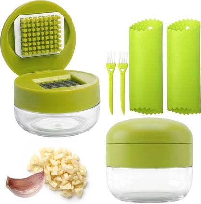3-in-1 Garlic Press Set, Stainless Steel Garlic Mincer with Silicone Peeler and Brush, Efficient Garlic Crusher Chopper for Kitchen, Ginger, Vegetables (Green)