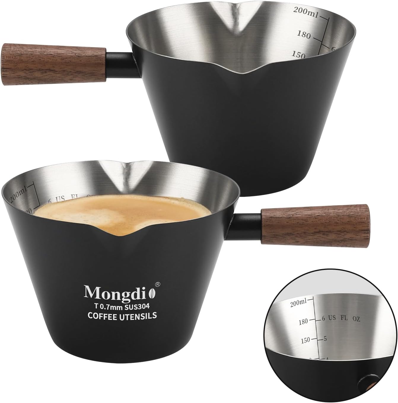 Mongdio Espresso Measuring Cup, Stainless Steel Espresso Shot Cups with Wooden Handle and Double Spouts, 6.8OZ/200ML, White
